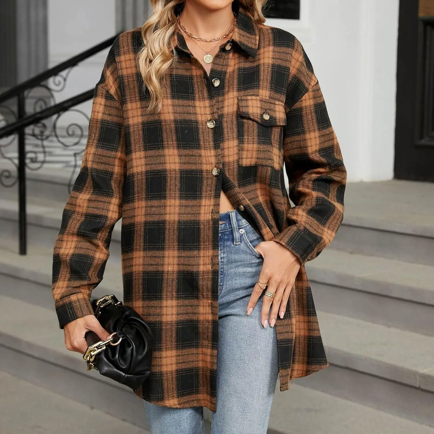 Womens Fashion Plaid Shacket Button Down Long Sleeve Shirts Casual Loose Fit Jacket Womens Tops Spring Fall Outfits