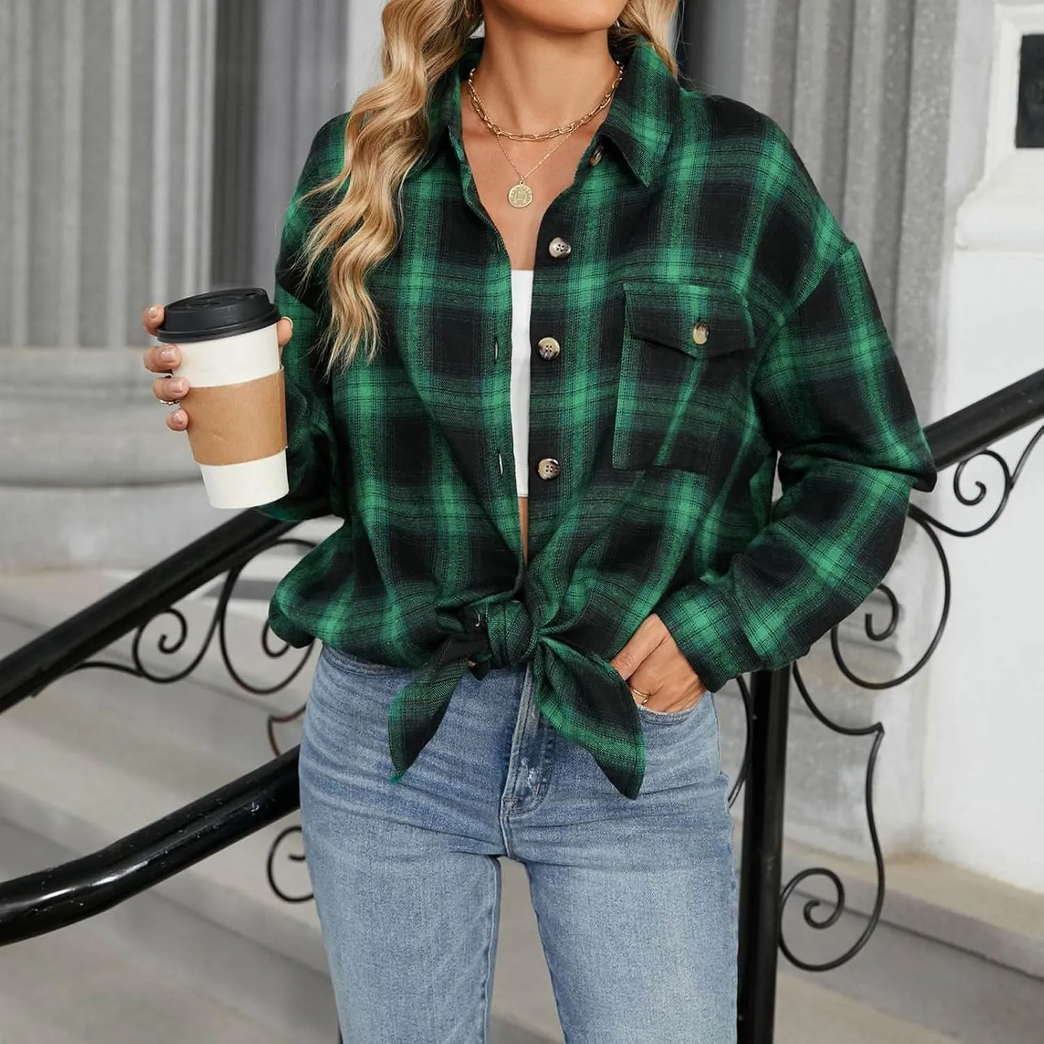 Womens Fashion Plaid Shacket Button Down Long Sleeve Shirts Casual Loose Fit Jacket Womens Tops Spring Fall Outfits