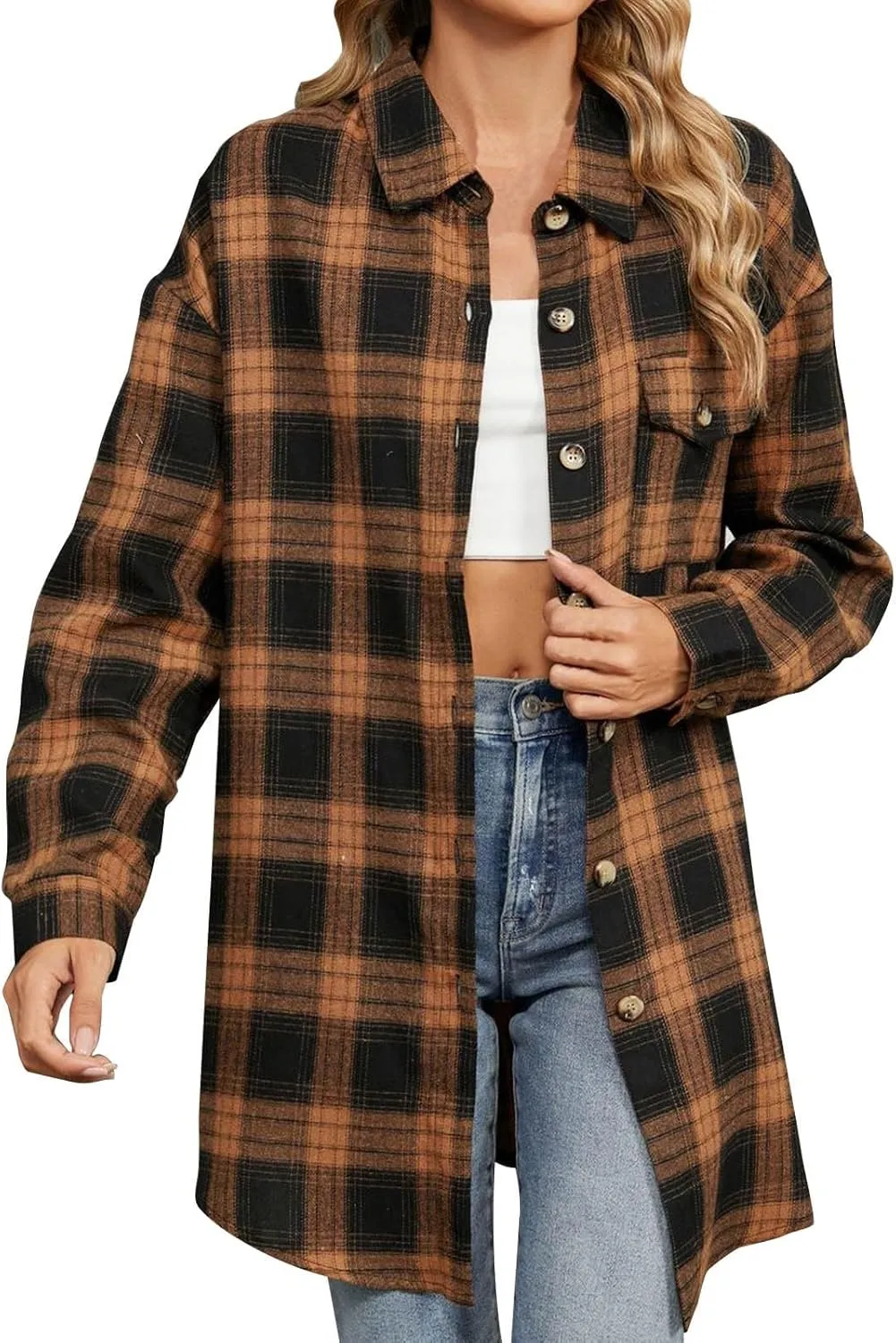 Womens Fashion Plaid Shacket Button Down Long Sleeve Shirts Casual Loose Fit Jacket Womens Tops Spring Fall Outfits