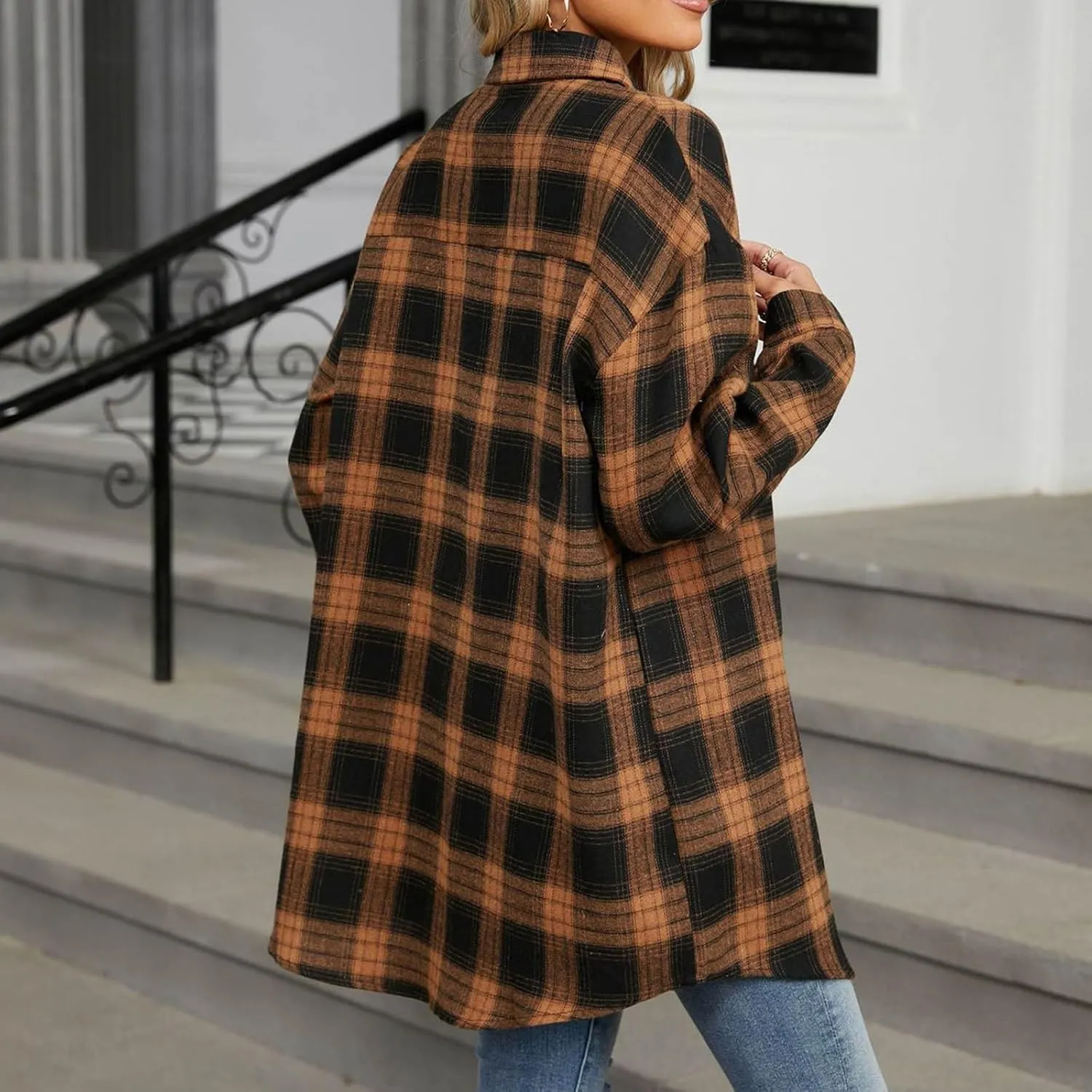 Womens Fashion Plaid Shacket Button Down Long Sleeve Shirts Casual Loose Fit Jacket Womens Tops Spring Fall Outfits