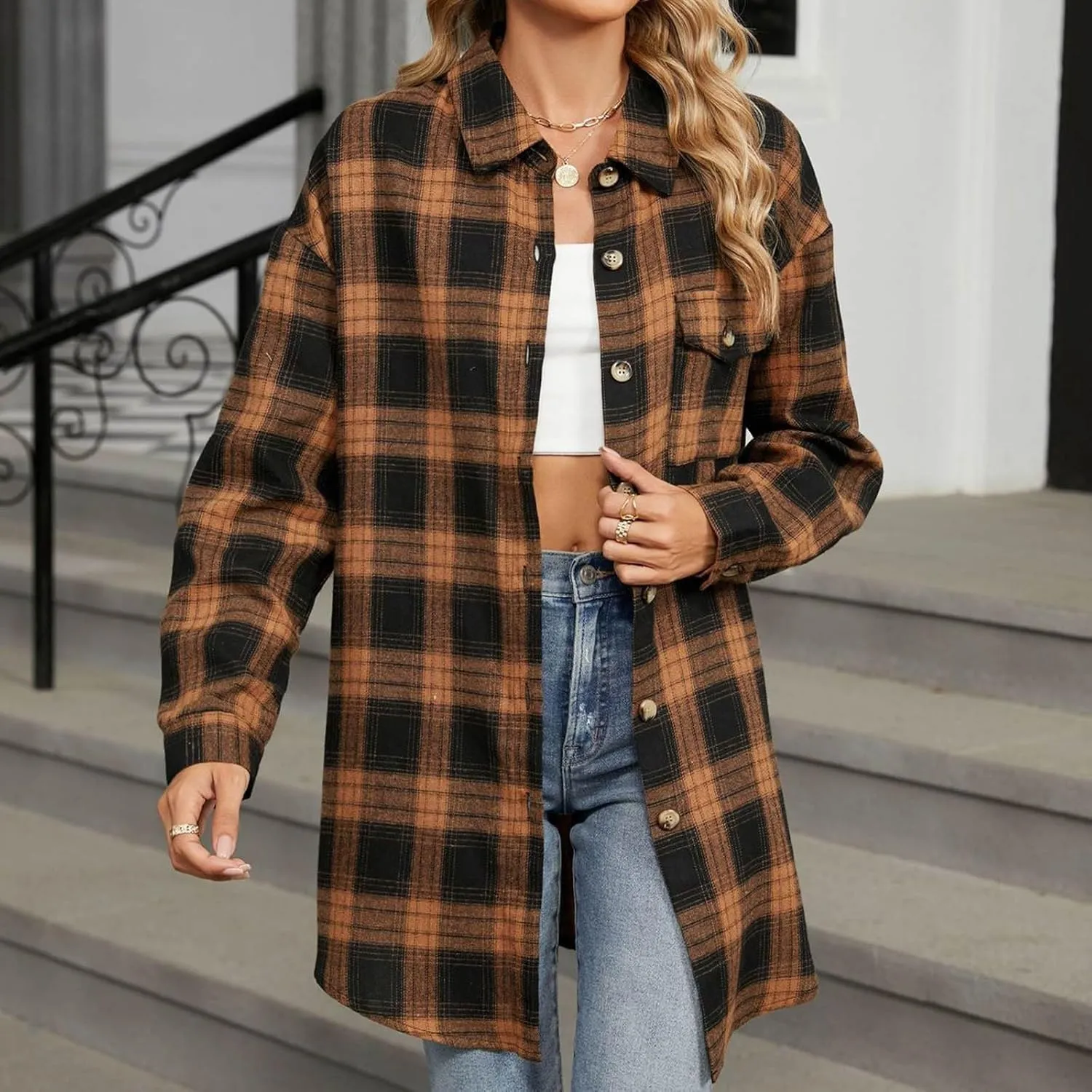 Womens Fashion Plaid Shacket Button Down Long Sleeve Shirts Casual Loose Fit Jacket Womens Tops Spring Fall Outfits