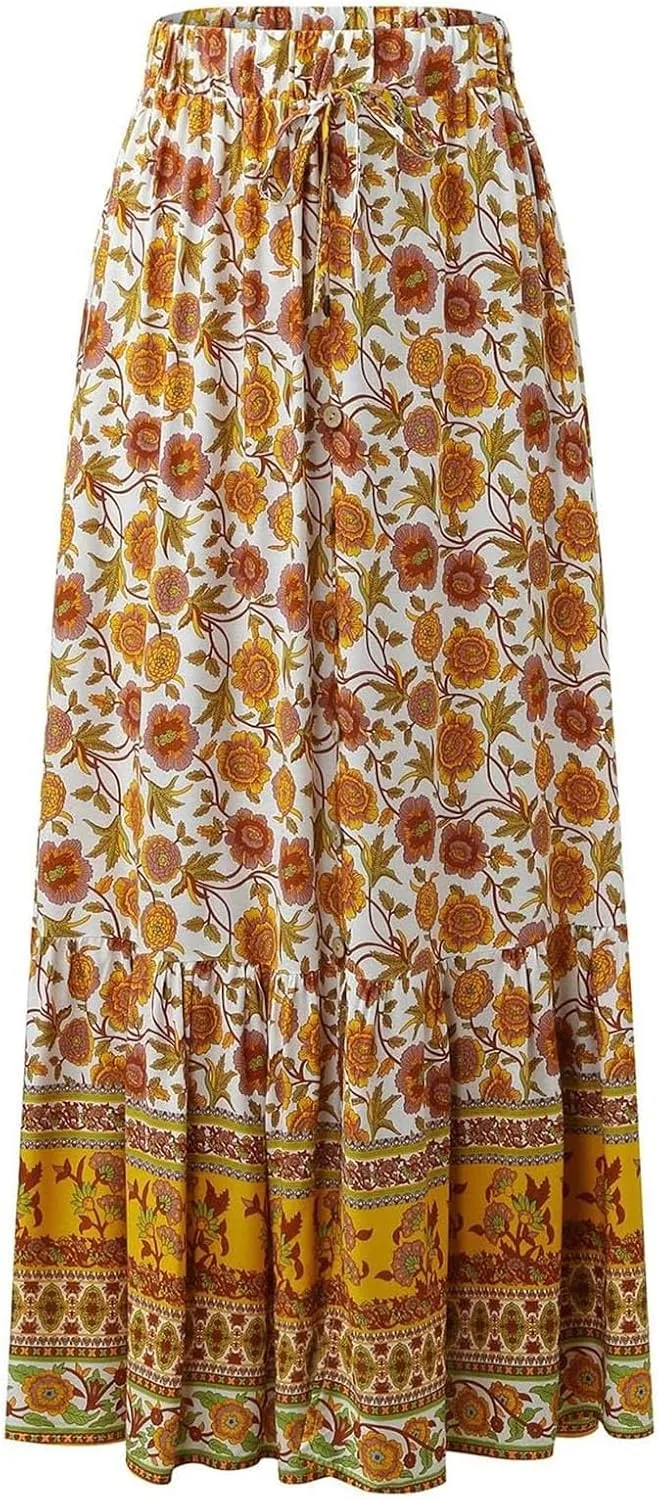 Womens Floral Print Boho Maxi Skirt Elastic High Waist Pleated Ruffle Flowy Long Skirts Plus Size Beach Skirt