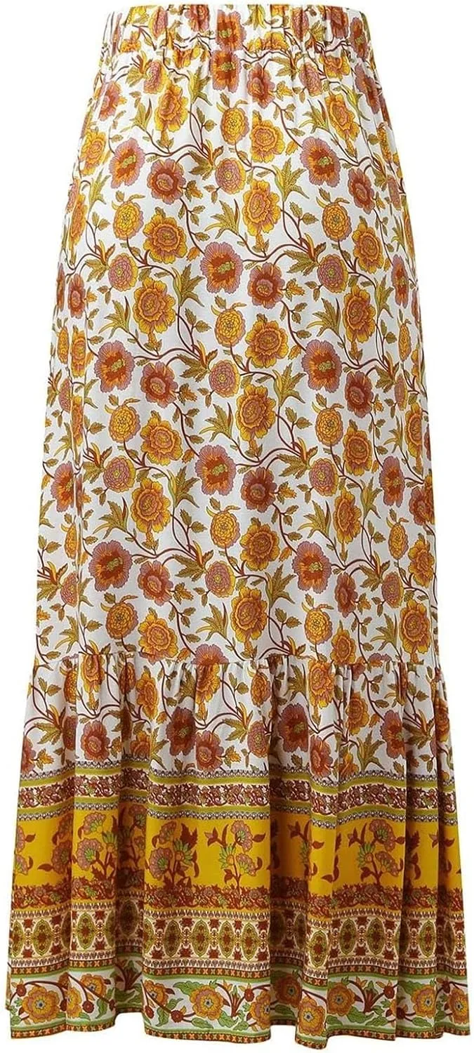 Womens Floral Print Boho Maxi Skirt Elastic High Waist Pleated Ruffle Flowy Long Skirts Plus Size Beach Skirt