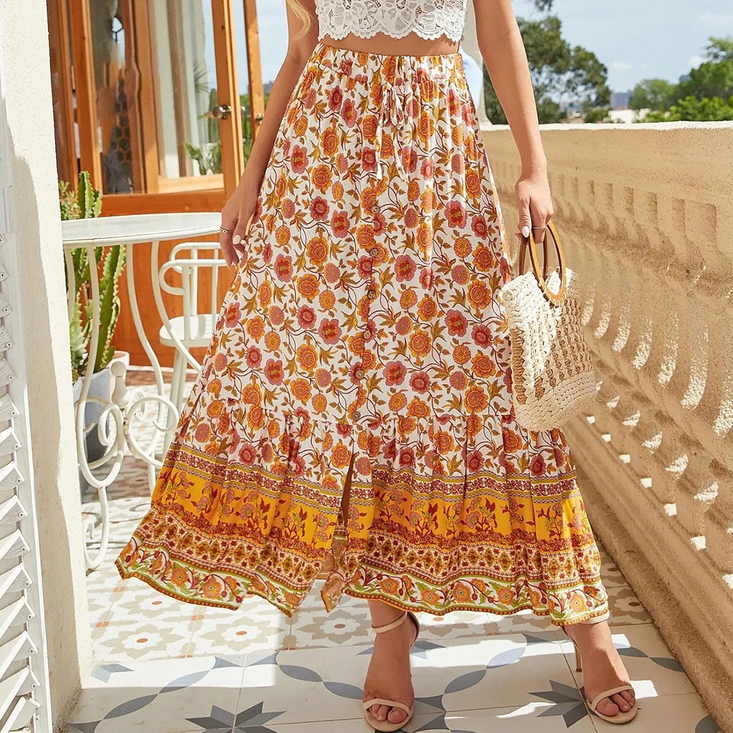Womens Floral Print Boho Maxi Skirt Elastic High Waist Pleated Ruffle Flowy Long Skirts Plus Size Beach Skirt
