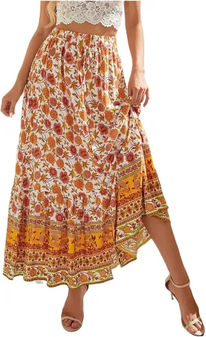 Womens Floral Print Boho Maxi Skirt Elastic High Waist Pleated Ruffle Flowy Long Skirts Plus Size Beach Skirt