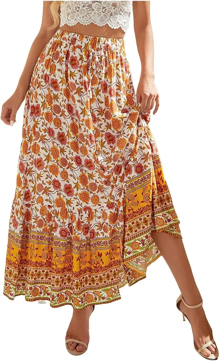 Womens Floral Print Boho Maxi Skirt Elastic High Waist Pleated Ruffle Flowy Long Skirts Plus Size Beach Skirt