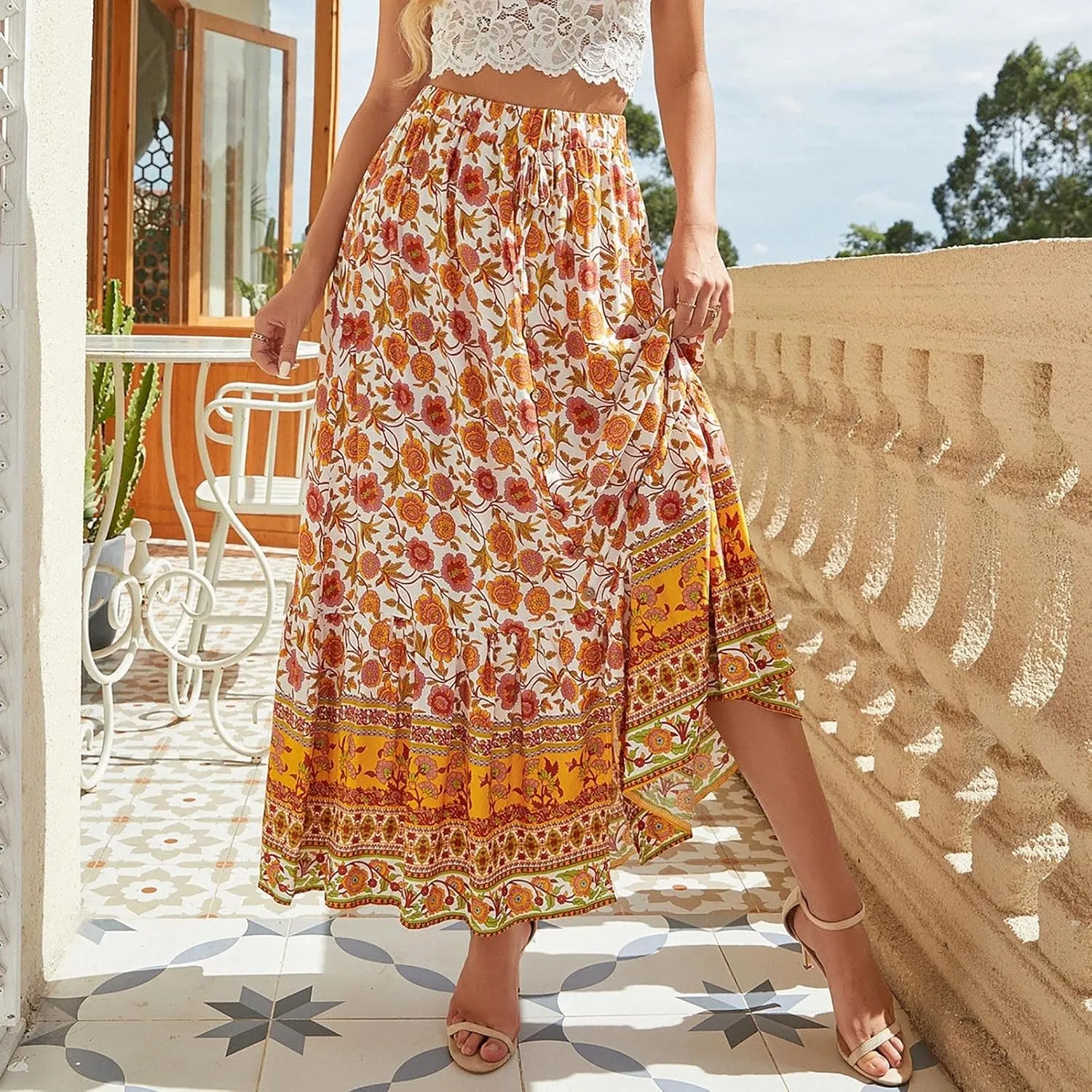 Womens Floral Print Boho Maxi Skirt Elastic High Waist Pleated Ruffle Flowy Long Skirts Plus Size Beach Skirt