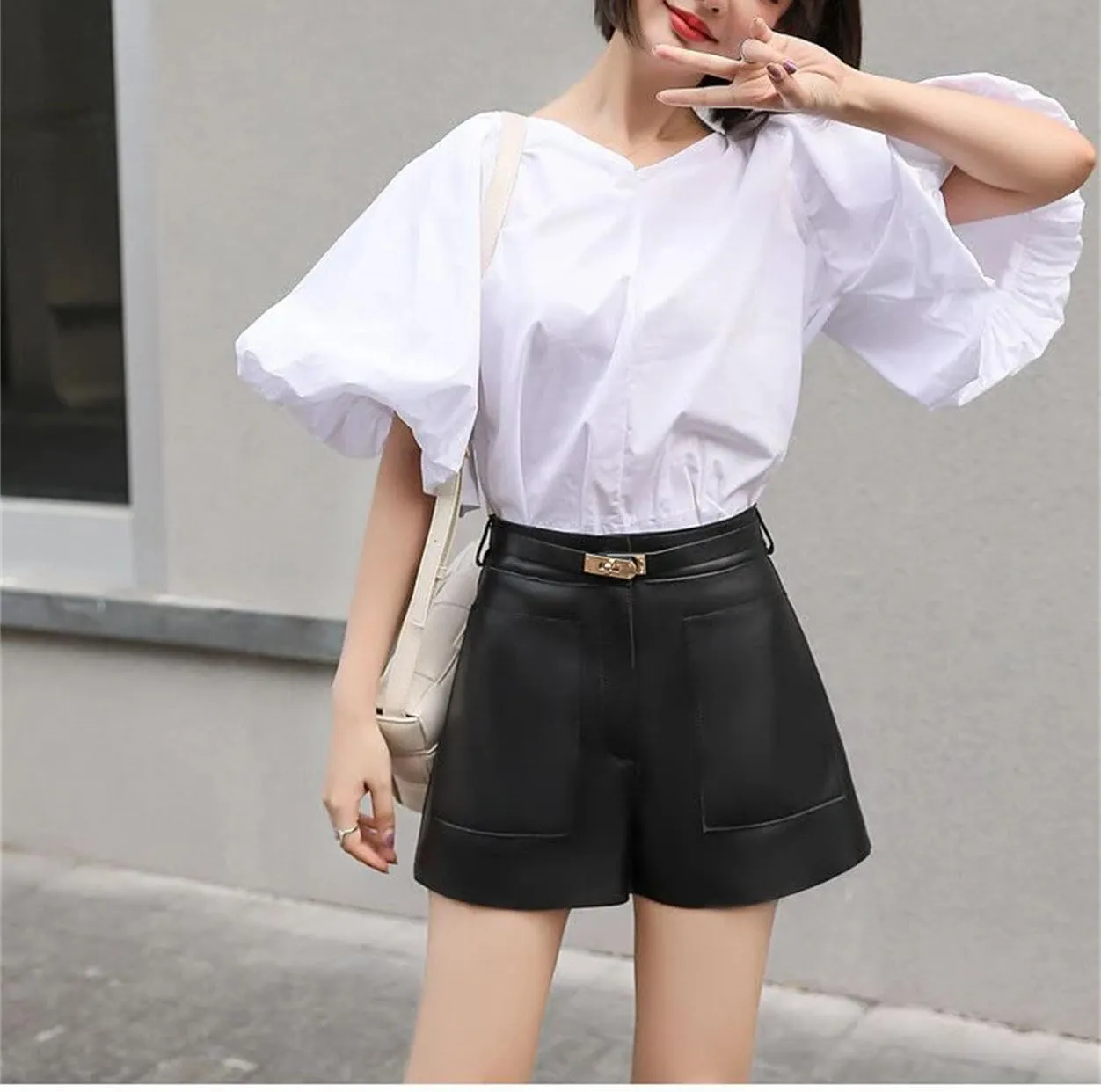 Womens Leather Leather Shorts High Waist All-Season Casual Belted Hot Pants