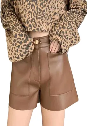 Womens Leather Leather Shorts High Waist All-Season Casual Belted Hot Pants