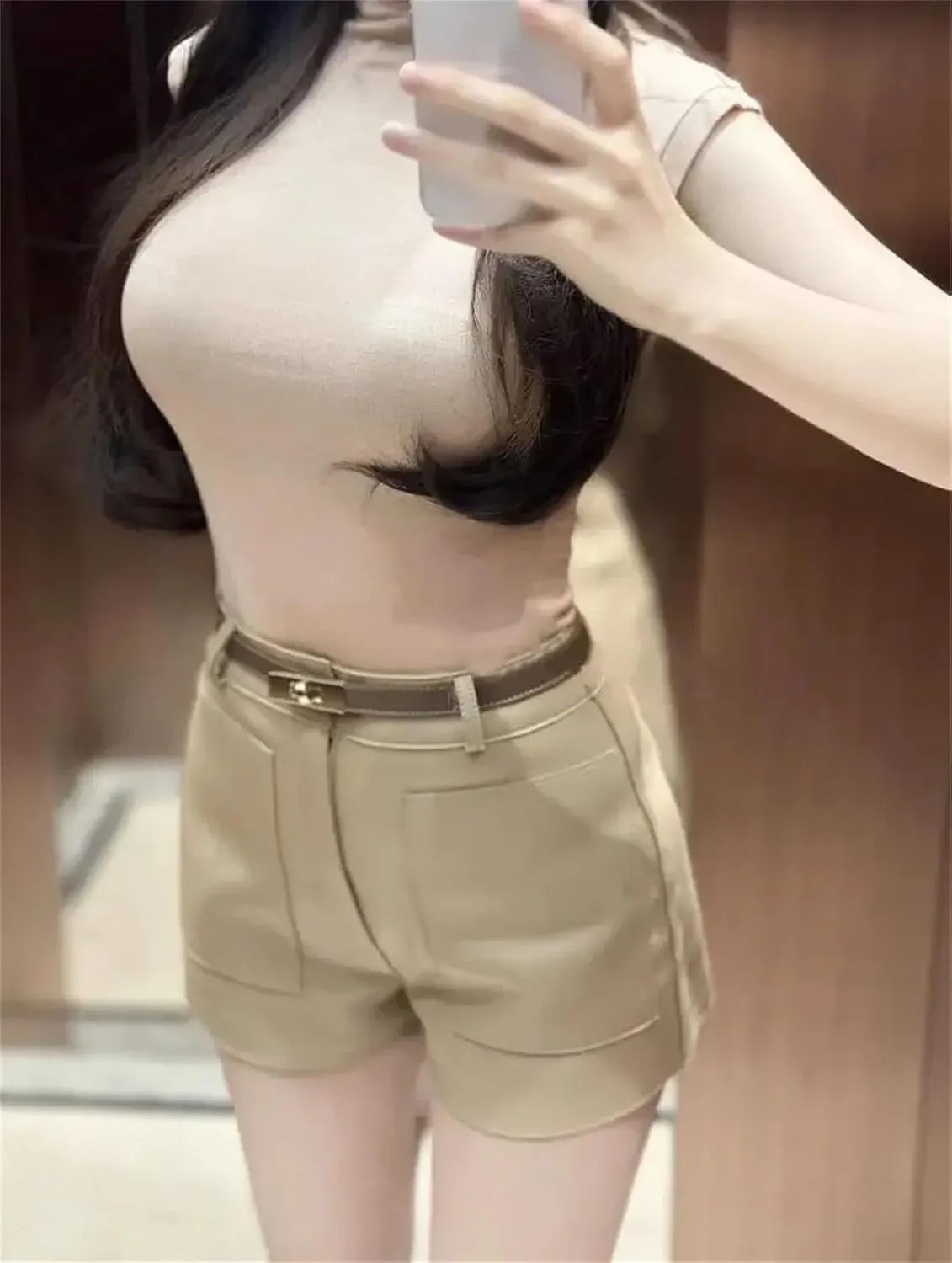 Womens Leather Leather Shorts High Waist All-Season Casual Belted Hot Pants