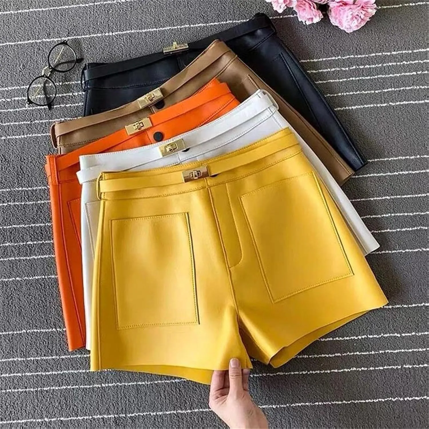 Womens Leather Leather Shorts High Waist All-Season Casual Belted Hot Pants