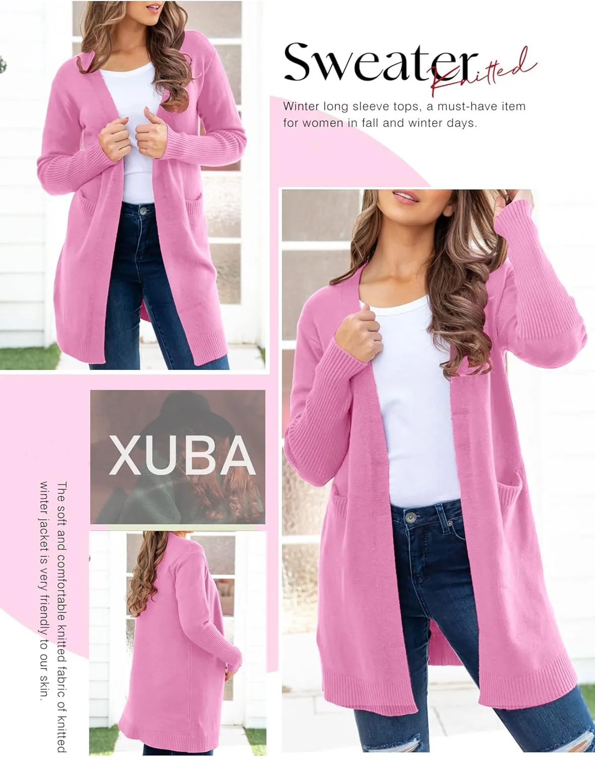 Women's Long Sleeve Knit Cardigan with Pocket Casual Open Front Sweater Coat