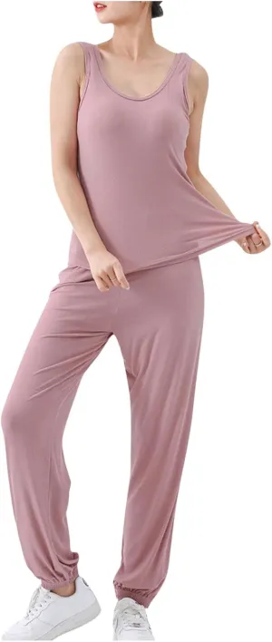 Womens Modal Built-in Bra Loungewear Set Summer Cute Padded Yoga Tank Tops and Long Pants Stretchy Sleeveless Pajama Set