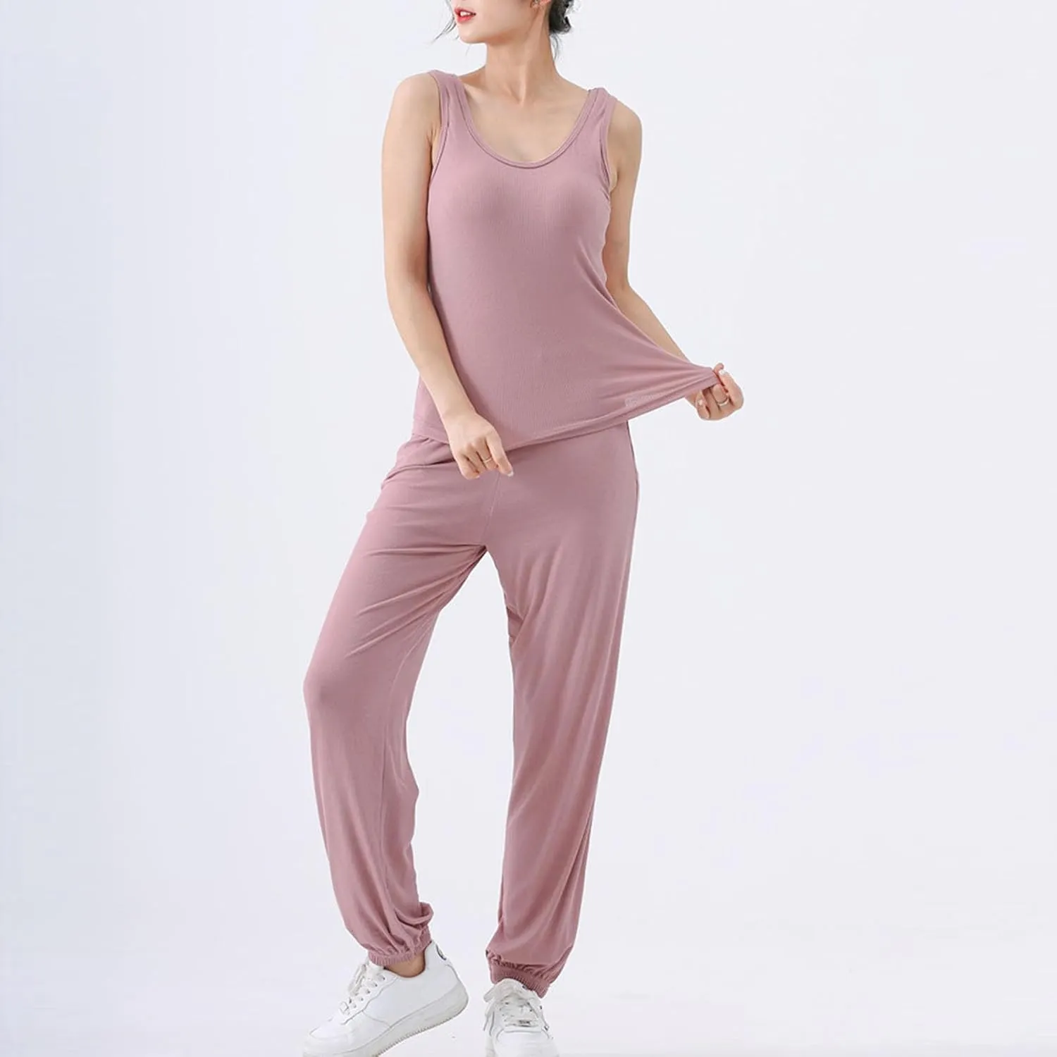 Womens Modal Built-in Bra Loungewear Set Summer Cute Padded Yoga Tank Tops and Long Pants Stretchy Sleeveless Pajama Set