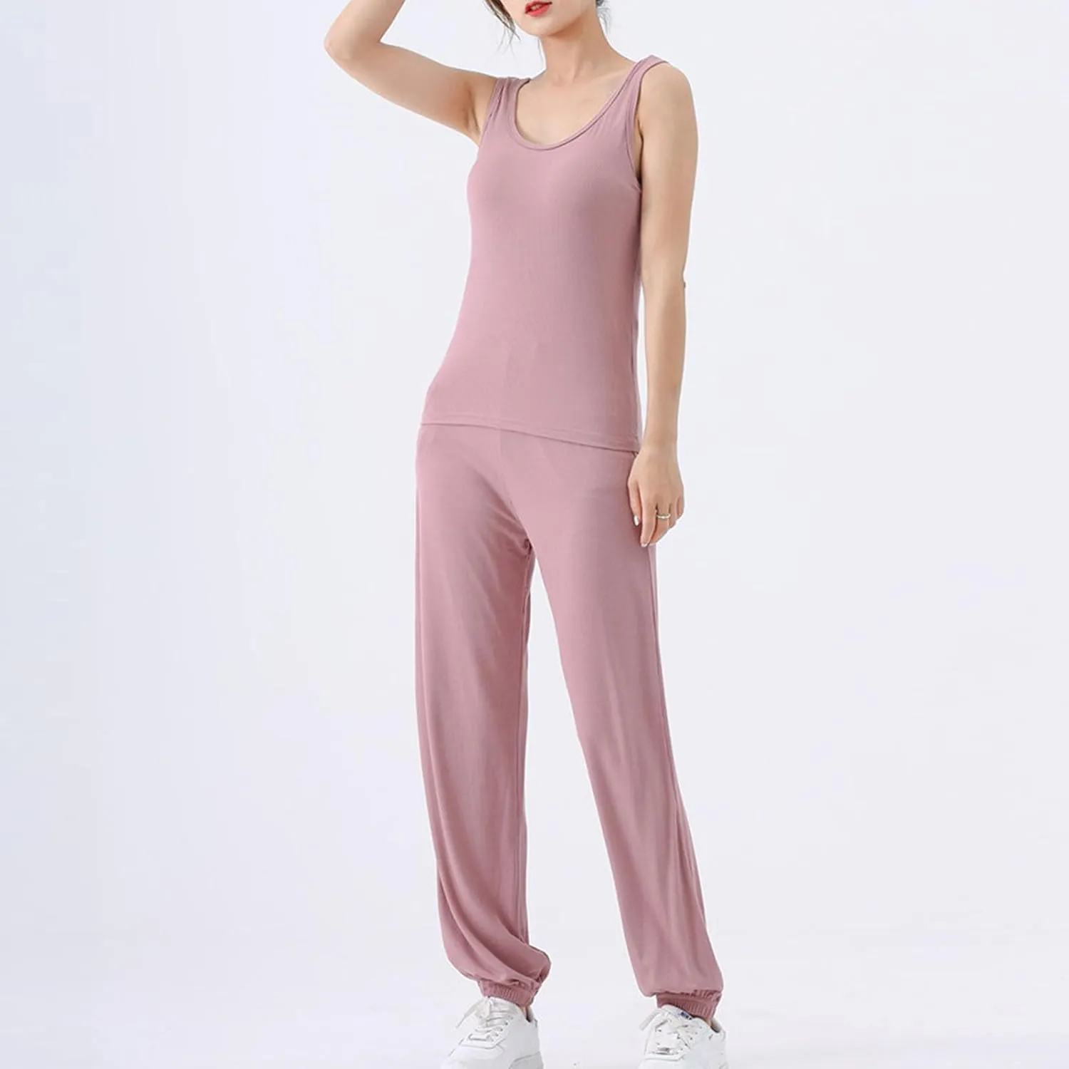 Womens Modal Built-in Bra Loungewear Set Summer Cute Padded Yoga Tank Tops and Long Pants Stretchy Sleeveless Pajama Set