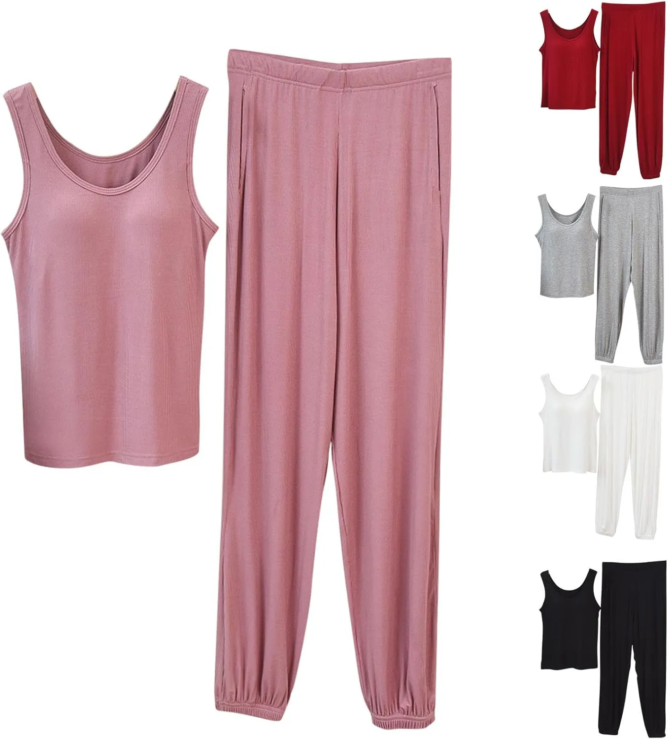 Womens Modal Built-in Bra Loungewear Set Summer Cute Padded Yoga Tank Tops and Long Pants Stretchy Sleeveless Pajama Set
