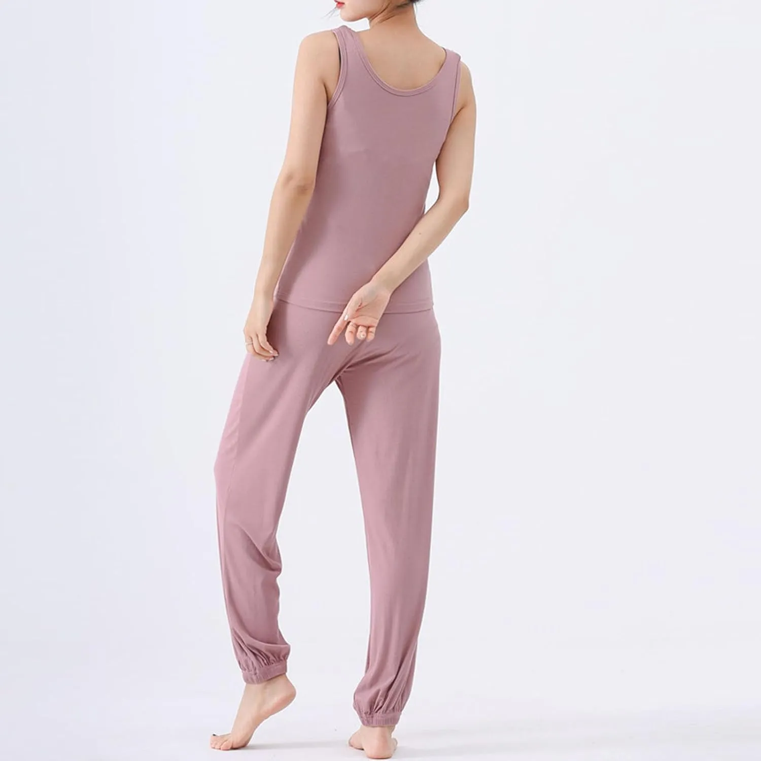 Womens Modal Built-in Bra Loungewear Set Summer Cute Padded Yoga Tank Tops and Long Pants Stretchy Sleeveless Pajama Set