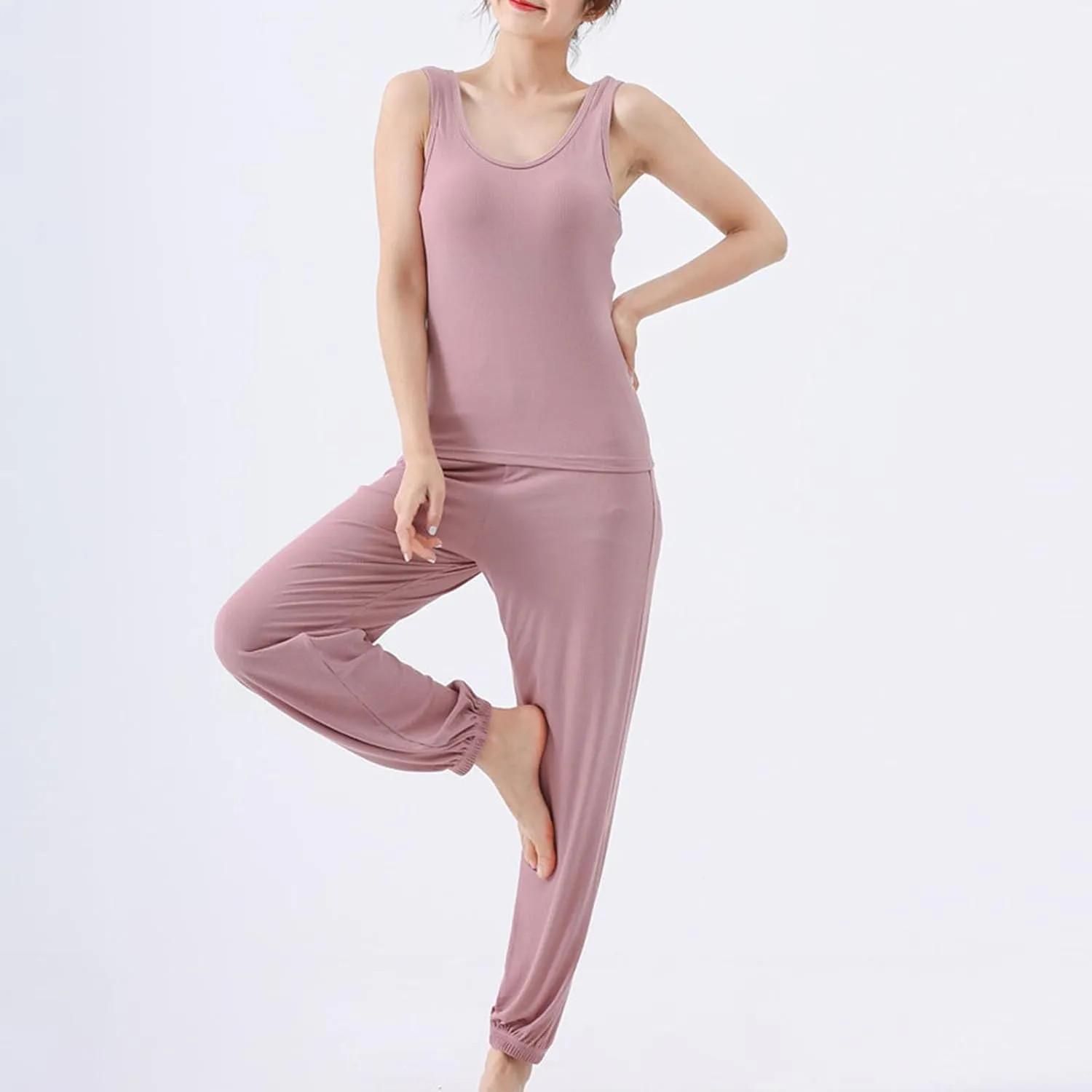 Womens Modal Built-in Bra Loungewear Set Summer Cute Padded Yoga Tank Tops and Long Pants Stretchy Sleeveless Pajama Set