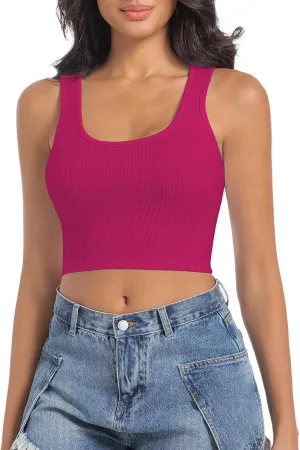 Women's Sleeveless Ribbed Crop Tops Crew Neck Stretchy Casual Basic Fitted Tank Top