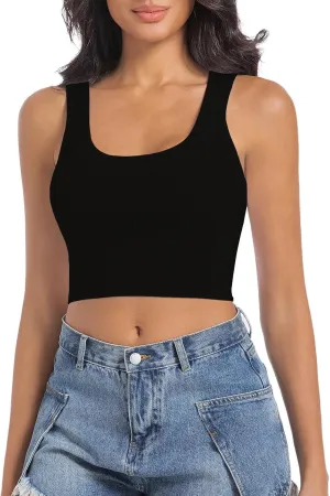 Women's Sleeveless Ribbed Crop Tops Crew Neck Stretchy Casual Basic Fitted Tank Top
