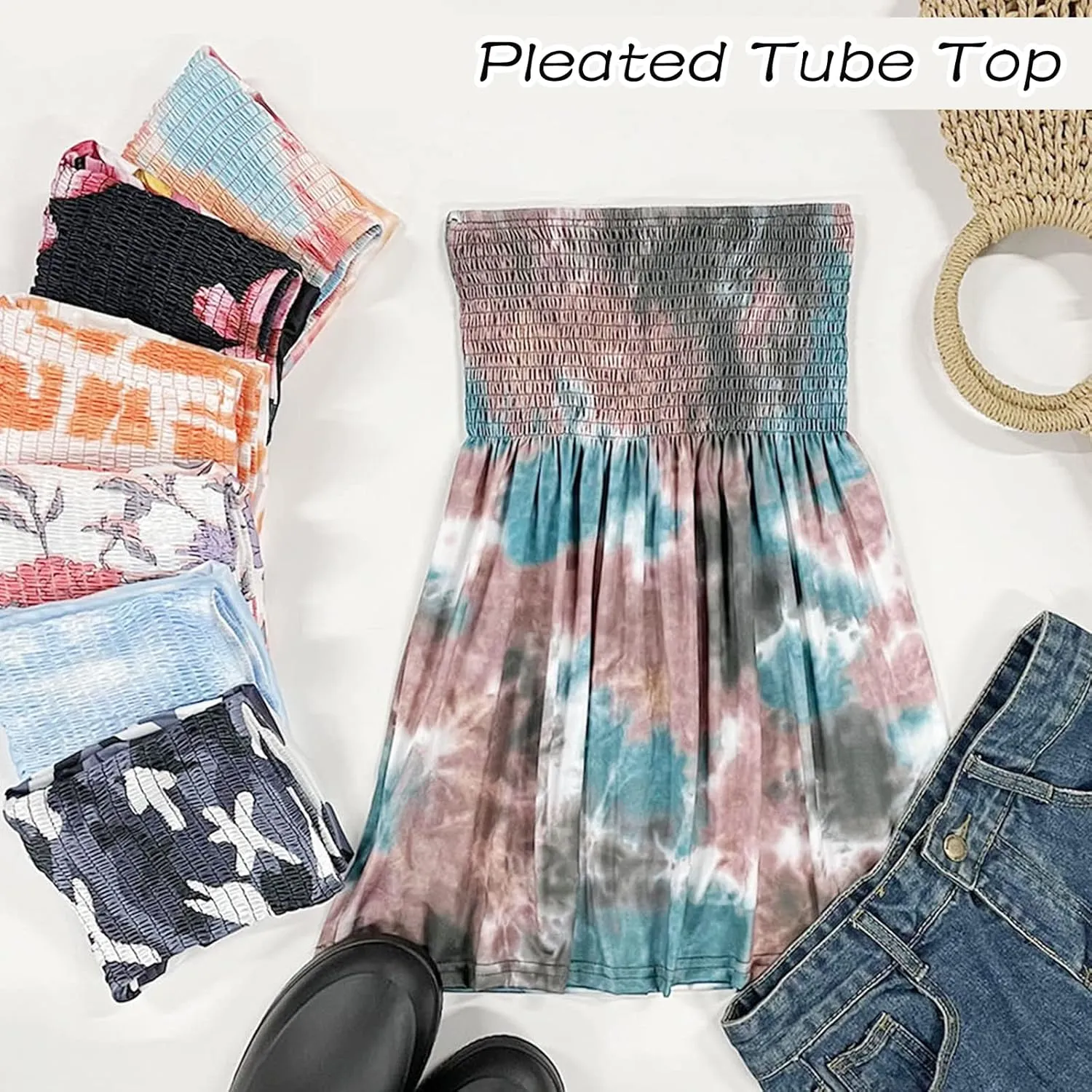 Womens Strapless Smocked Tube Top Soft Stretchy Pleated Bandeau Tank Sexy Sleeveless Loose Summer Camis Tunic Tops