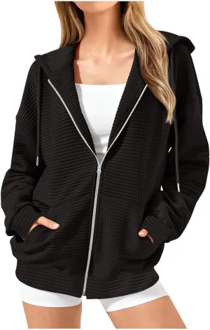 Womens Waffle Knit Hooded Jackets Full Zip Drawstring Hoodies Pullover Oversized Sweatshirt Trendy Fall Outfits
