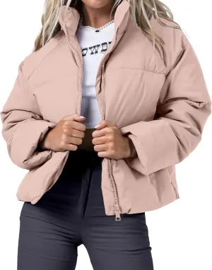 Women's Winter Cropped Puffer Jacket 2023 Long Sleeve Lightweight Zip Short Jacket Coat with Pockets