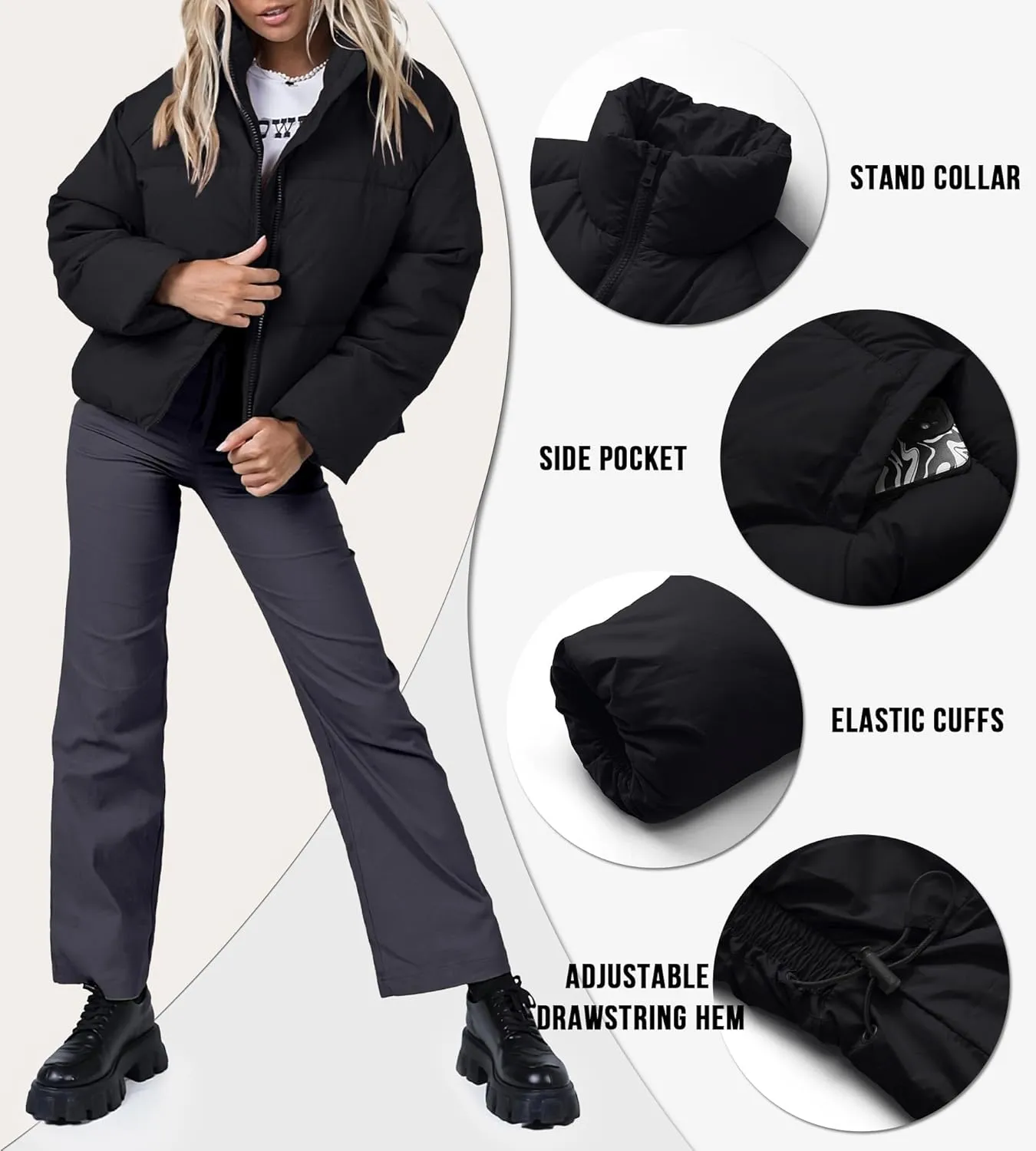 Women's Winter Cropped Puffer Jacket 2023 Long Sleeve Lightweight Zip Short Jacket Coat with Pockets