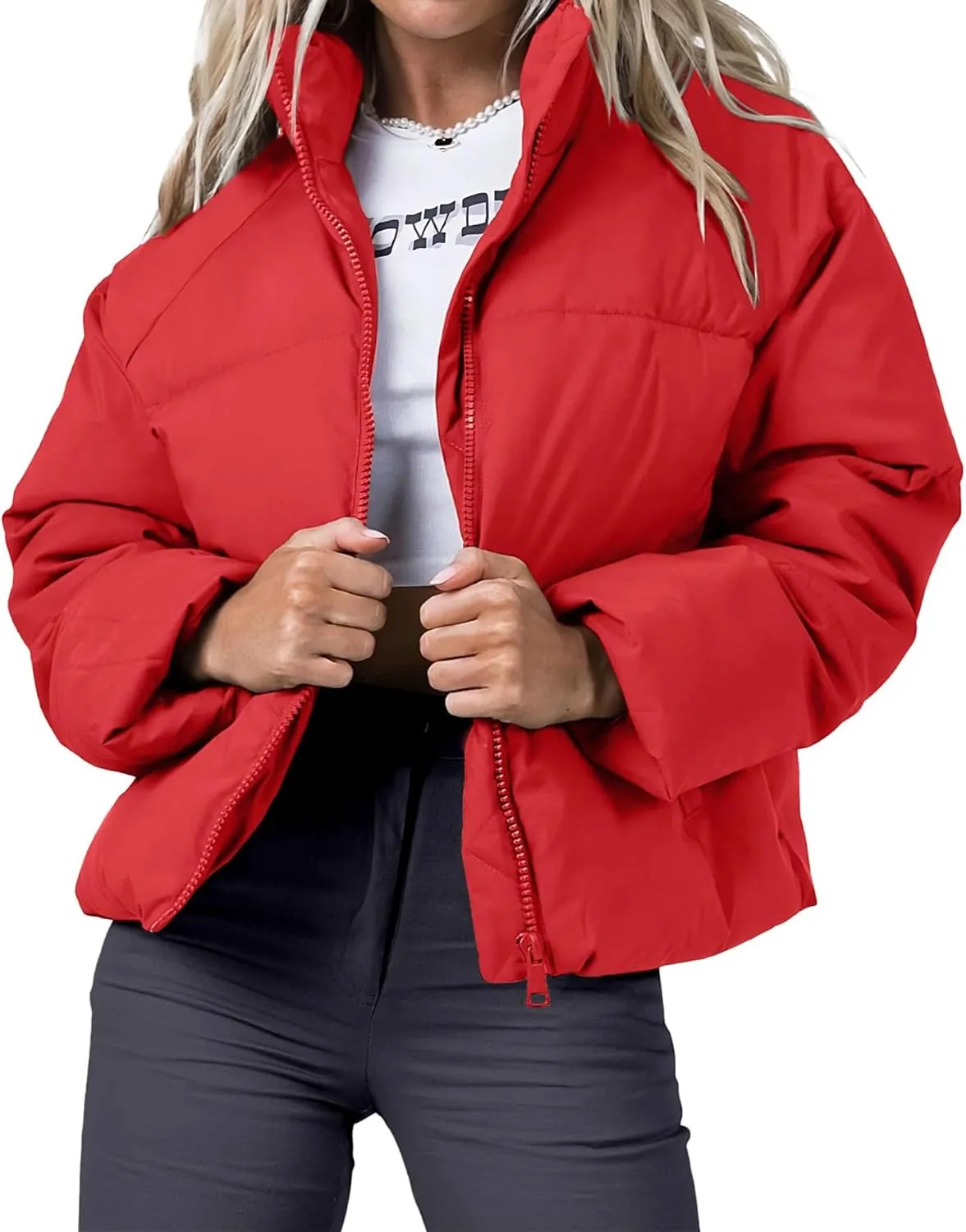 Women's Winter Cropped Puffer Jacket 2023 Long Sleeve Lightweight Zip Short Jacket Coat with Pockets