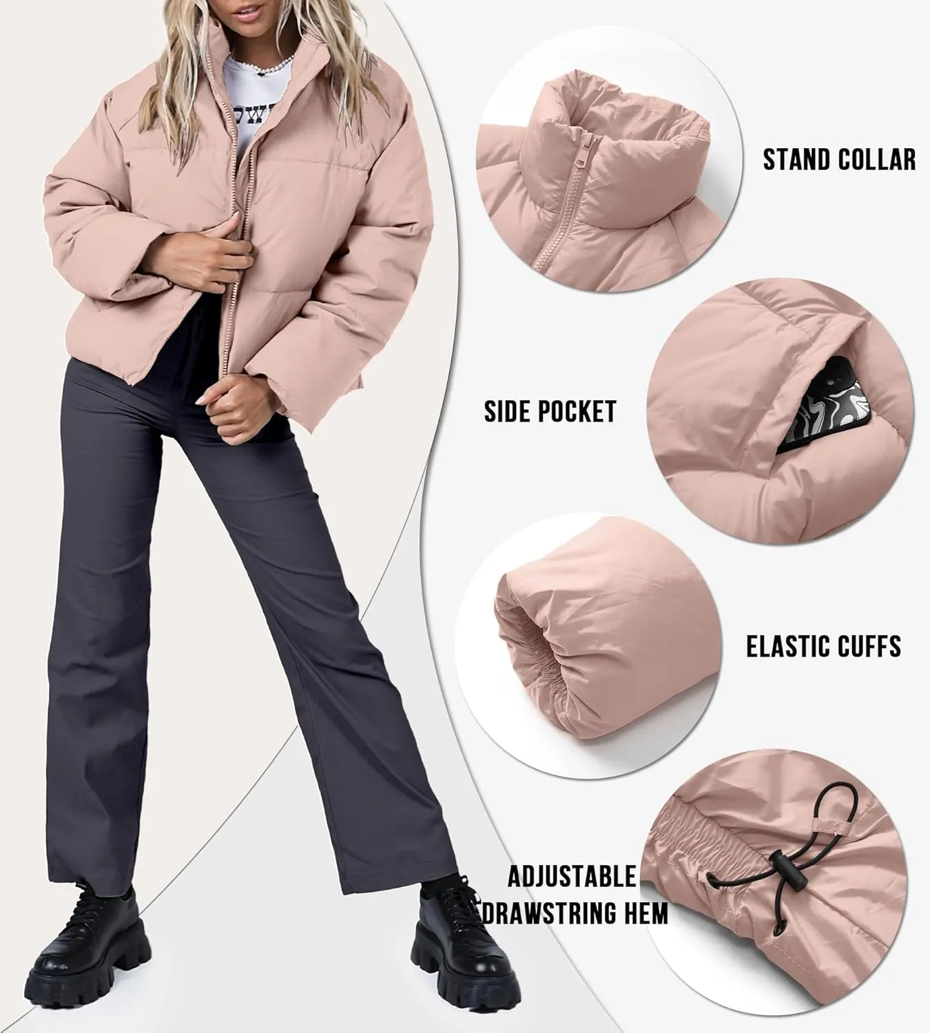 Women's Winter Cropped Puffer Jacket 2023 Long Sleeve Lightweight Zip Short Jacket Coat with Pockets
