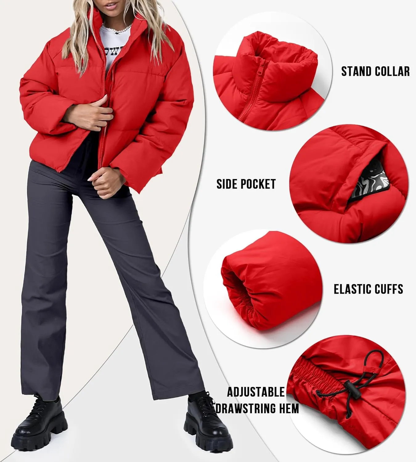 Women's Winter Cropped Puffer Jacket 2023 Long Sleeve Lightweight Zip Short Jacket Coat with Pockets