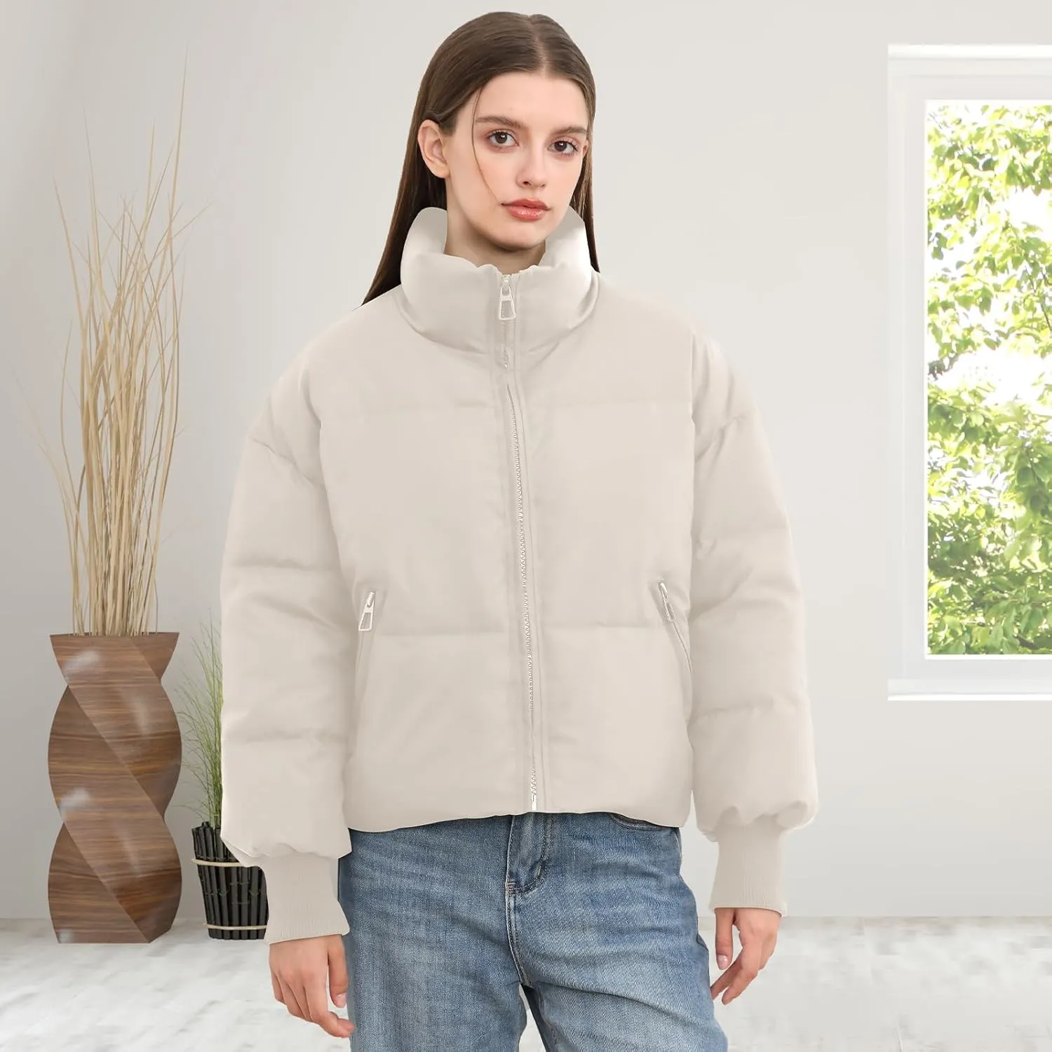 Womens Winter Cropped Puffer Jacket Coat Casual Quilted Baggy Long Sleeve Zip Down Jackets Outerwear