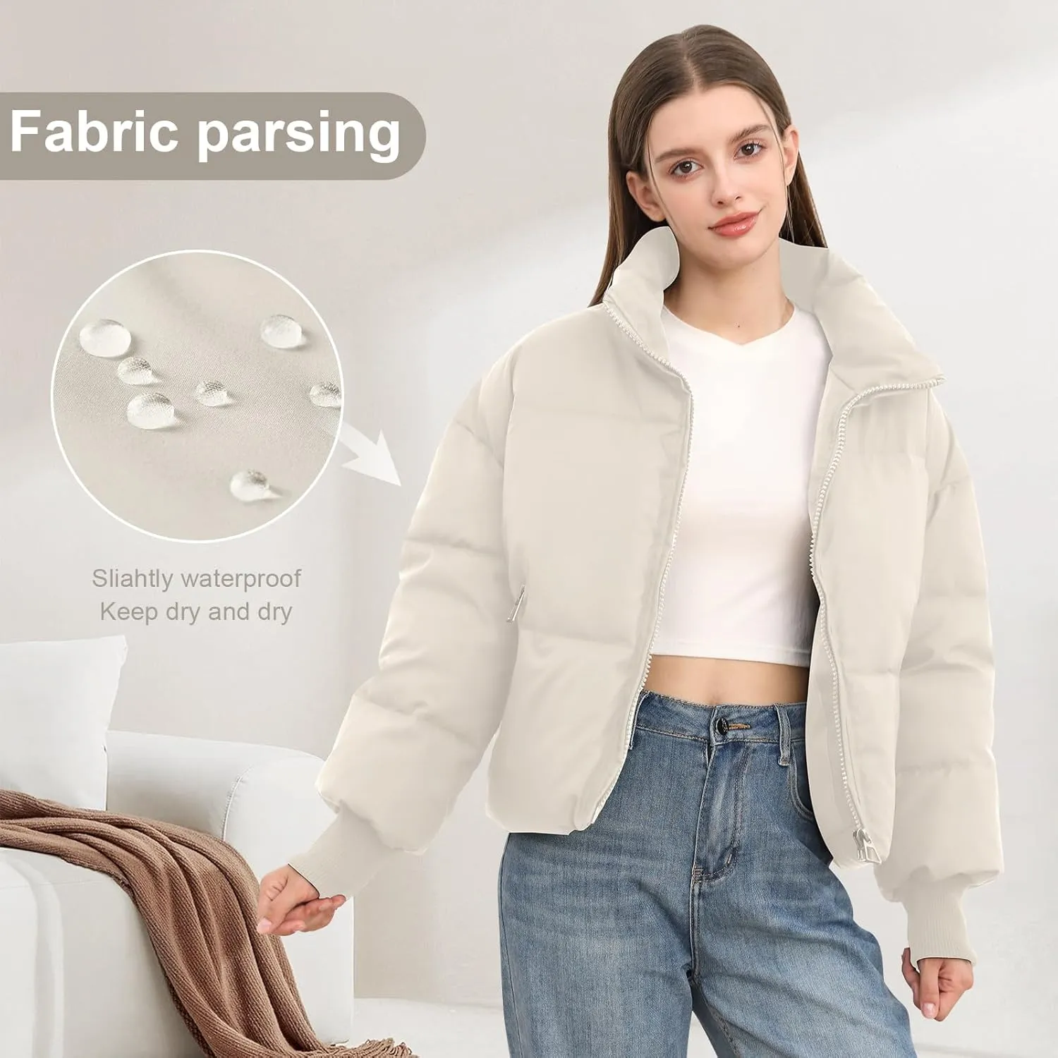 Womens Winter Cropped Puffer Jacket Coat Casual Quilted Baggy Long Sleeve Zip Down Jackets Outerwear