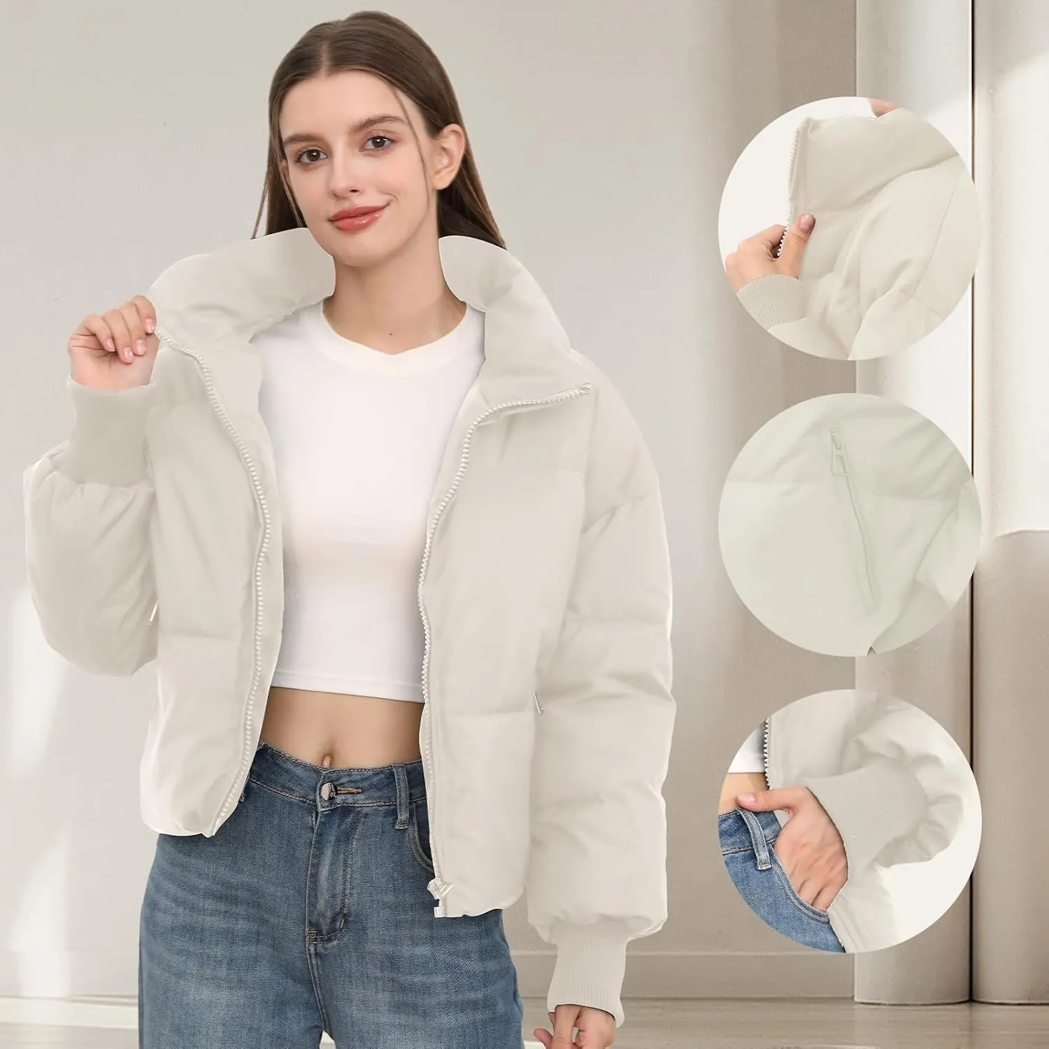 Womens Winter Cropped Puffer Jacket Coat Casual Quilted Baggy Long Sleeve Zip Down Jackets Outerwear