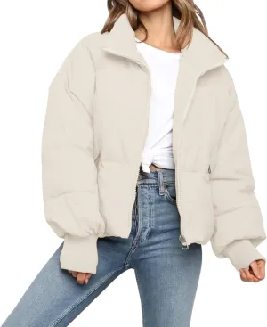 Womens Winter Cropped Puffer Jacket Coat Casual Quilted Baggy Long Sleeve Zip Down Jackets Outerwear