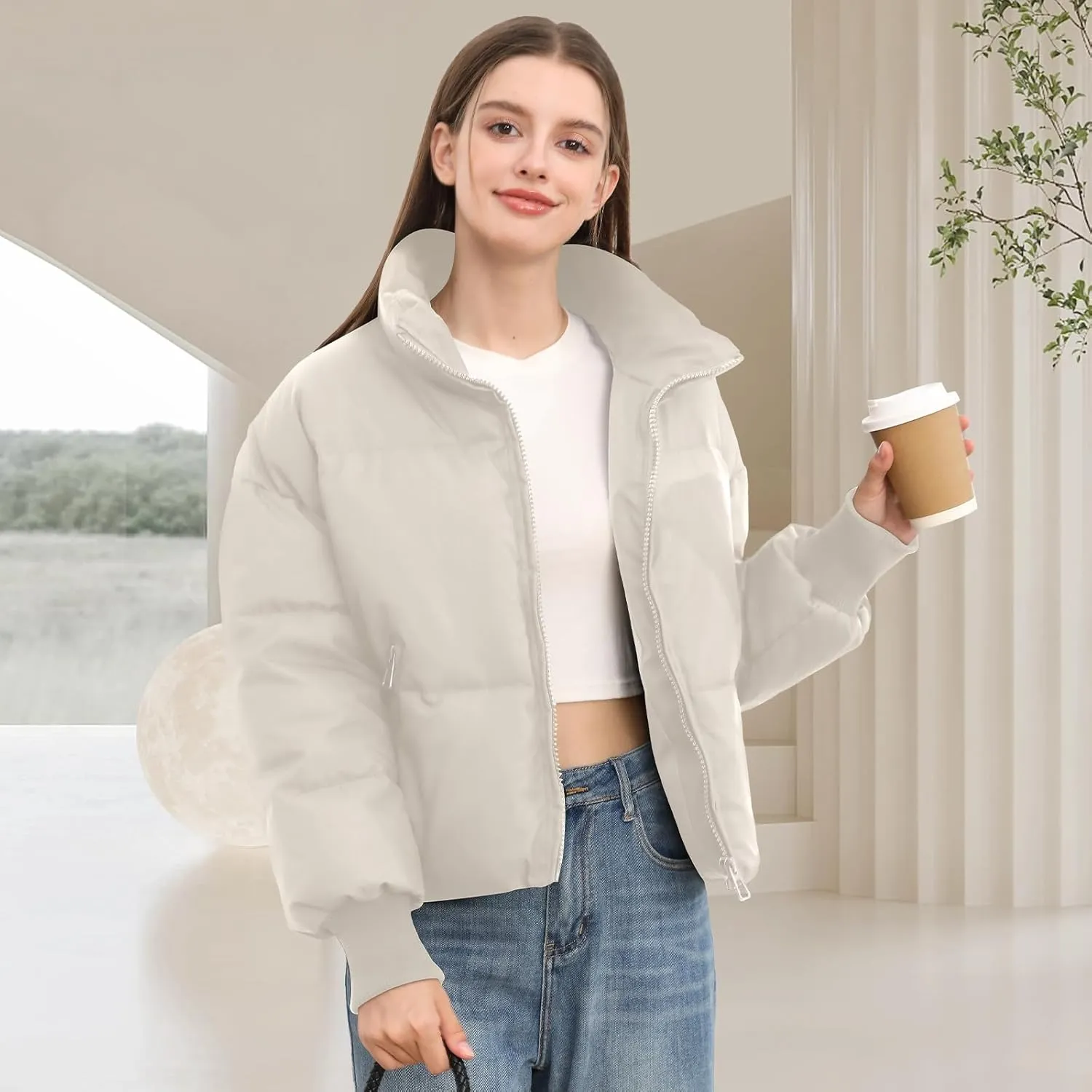 Womens Winter Cropped Puffer Jacket Coat Casual Quilted Baggy Long Sleeve Zip Down Jackets Outerwear