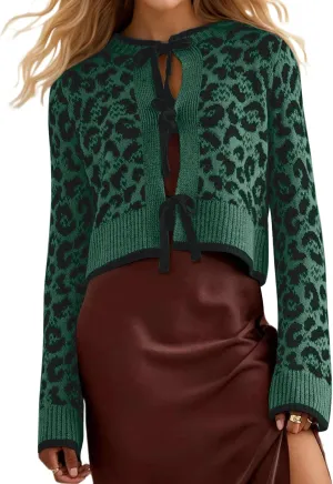 Ythomm Women Leopard Print Bow Tie Cardigan Sweaters Long Sleeve Crewneck Open Front Knit Cardigan Coats Casual Loose Outwear