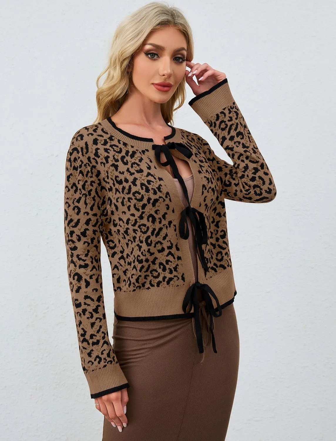Ythomm Women Leopard Print Bow Tie Cardigan Sweaters Long Sleeve Crewneck Open Front Knit Cardigan Coats Casual Loose Outwear