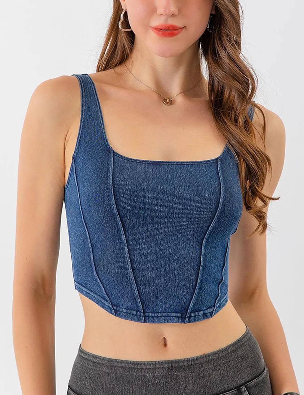 Yvipette Womens Slim Cropped Denim Vest Stretchy Scoop Neck Pullover Jean Sports Bra Tank Top