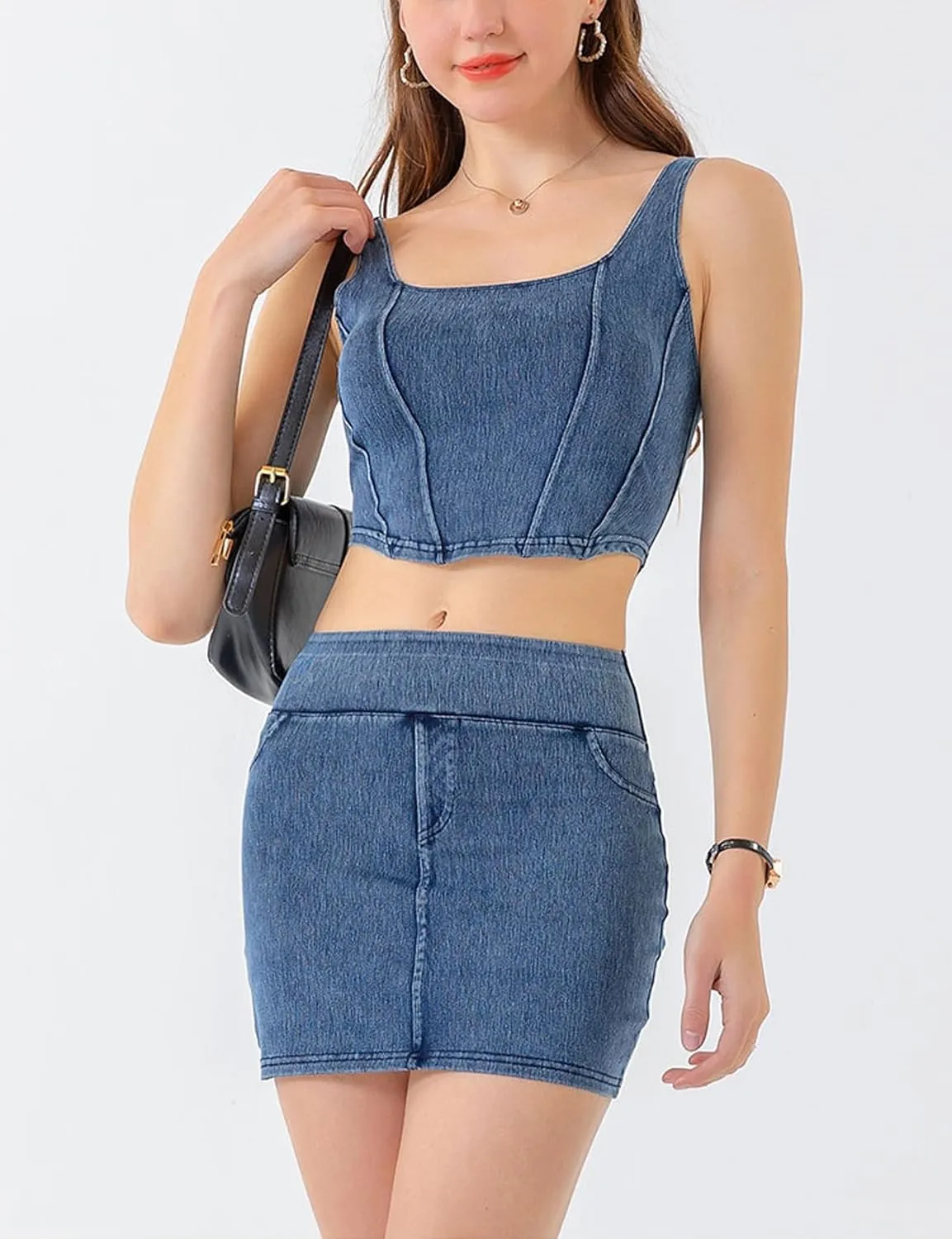 Yvipette Womens Slim Cropped Denim Vest Stretchy Scoop Neck Pullover Jean Sports Bra Tank Top
