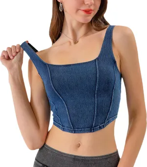 Yvipette Womens Slim Cropped Denim Vest Stretchy Scoop Neck Pullover Jean Sports Bra Tank Top