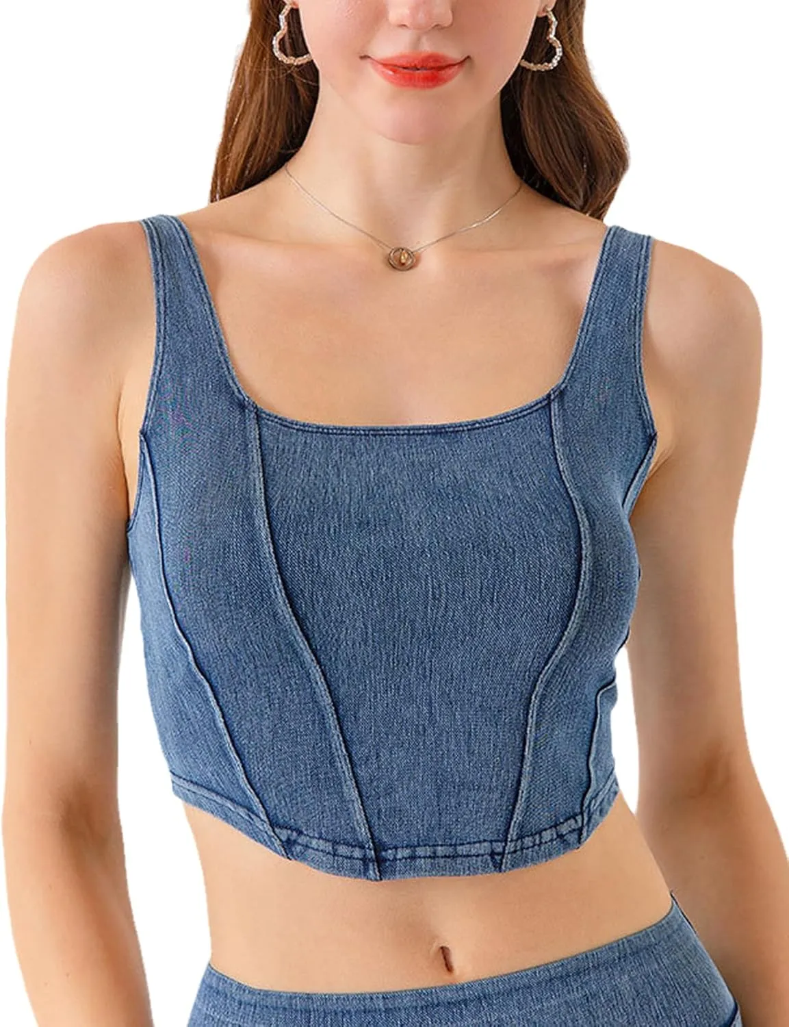Yvipette Womens Slim Cropped Denim Vest Stretchy Scoop Neck Pullover Jean Sports Bra Tank Top