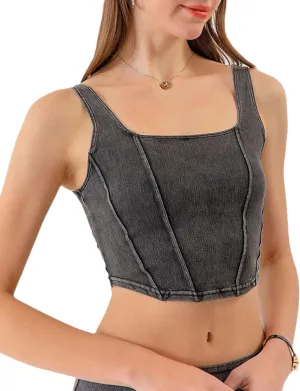 Yvipette Womens Slim Cropped Denim Vest Stretchy Scoop Neck Pullover Jean Sports Bra Tank Top