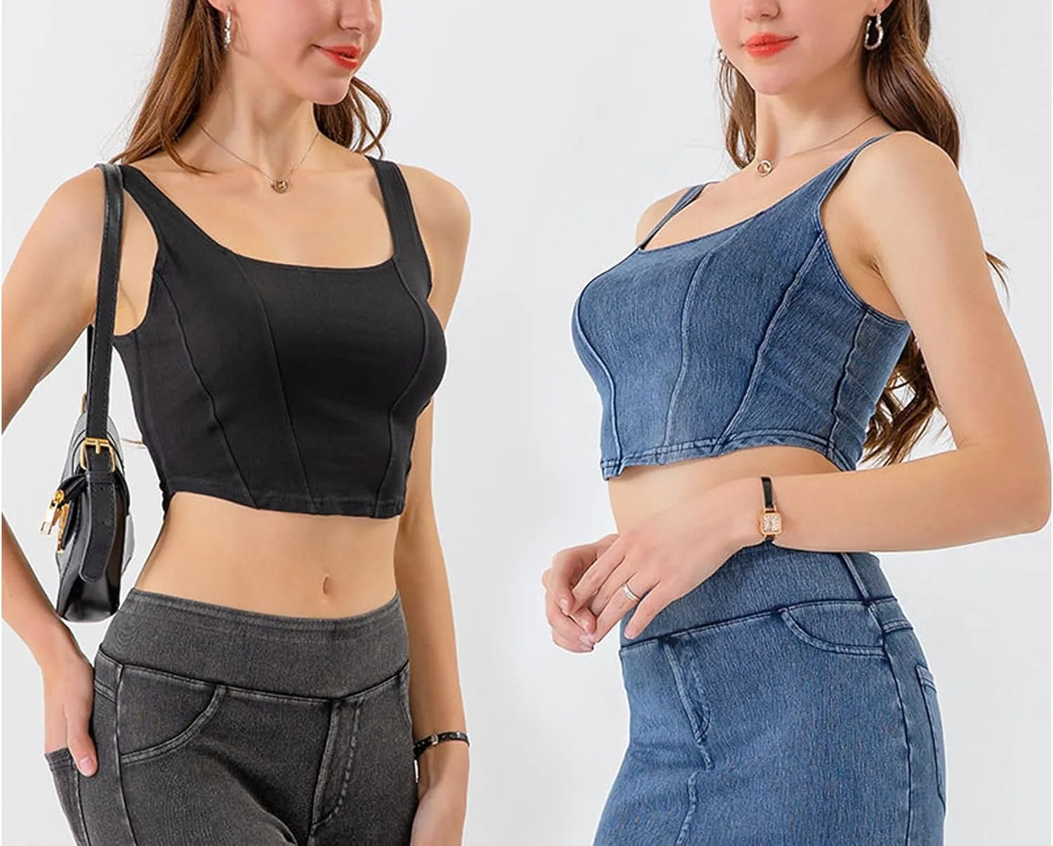 Yvipette Womens Slim Cropped Denim Vest Stretchy Scoop Neck Pullover Jean Sports Bra Tank Top
