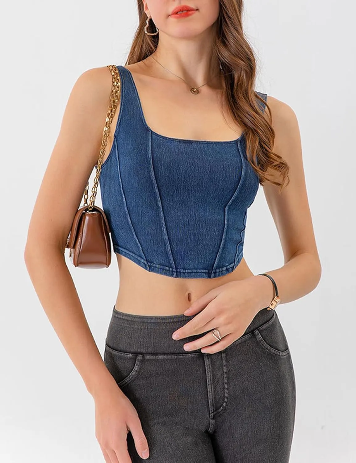 Yvipette Womens Slim Cropped Denim Vest Stretchy Scoop Neck Pullover Jean Sports Bra Tank Top